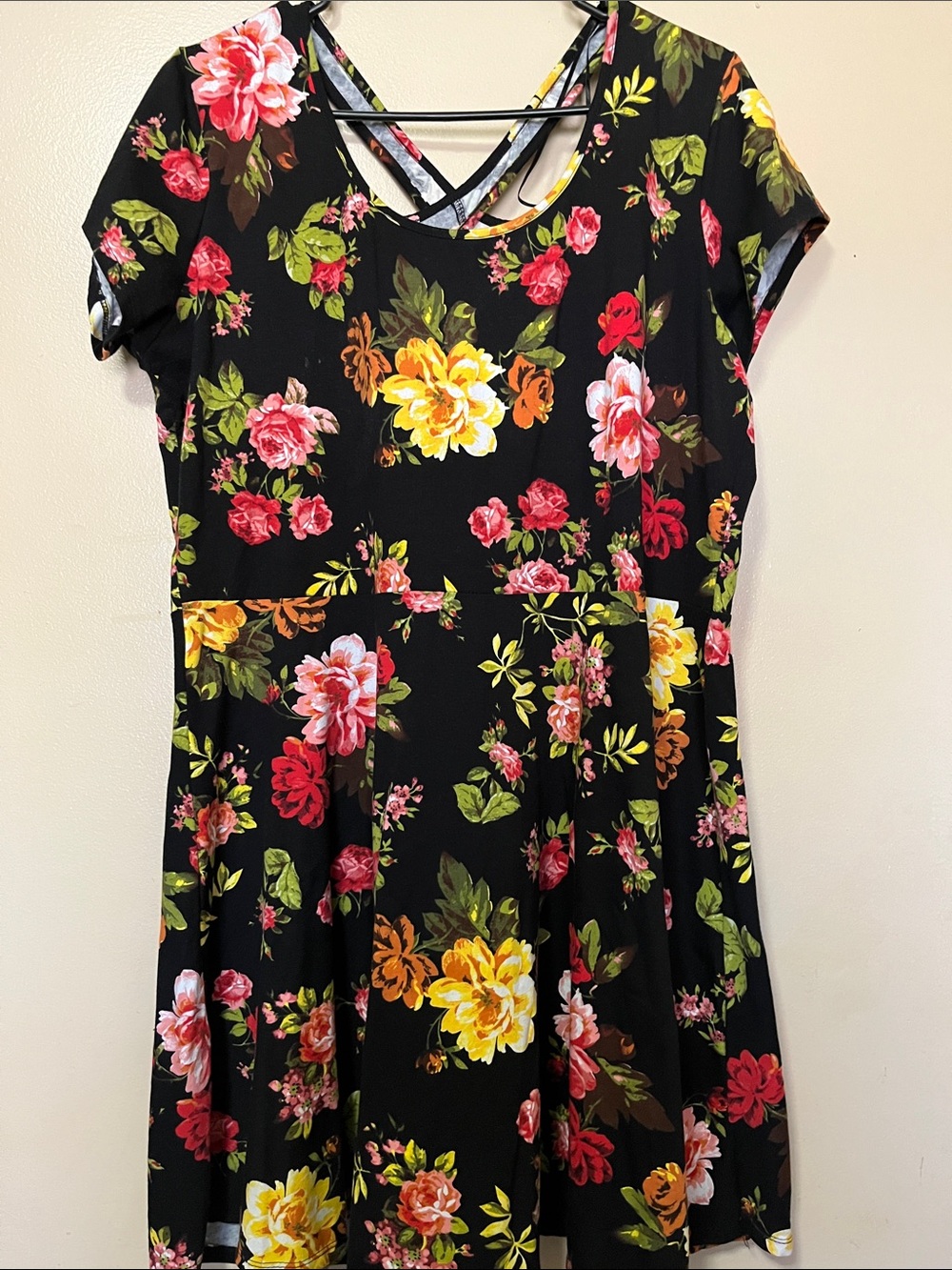 Black Floral Midi Dress with Yellow, Pink & Red Blooms